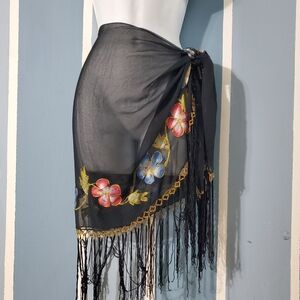 Unique Surface Black Sarong with Floral Embroidery, Beading